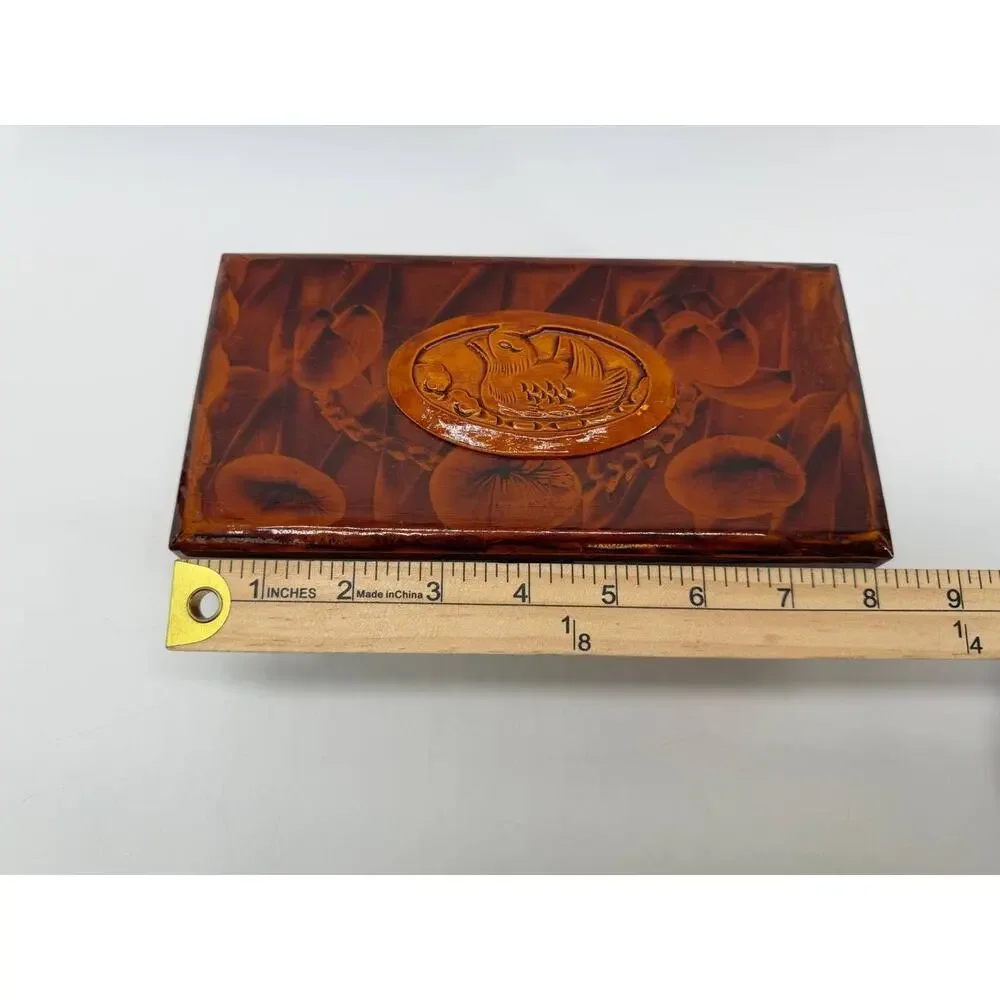 Chinese Carved Wood Jewelry Box Duck Lotus Red Silk Lined Brass Latch